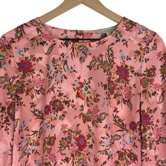 LOFT Blouse Top Floral Paisley Textured Long Sleeve Keyhole Draped Sleeves Small - Picture 3 of 10